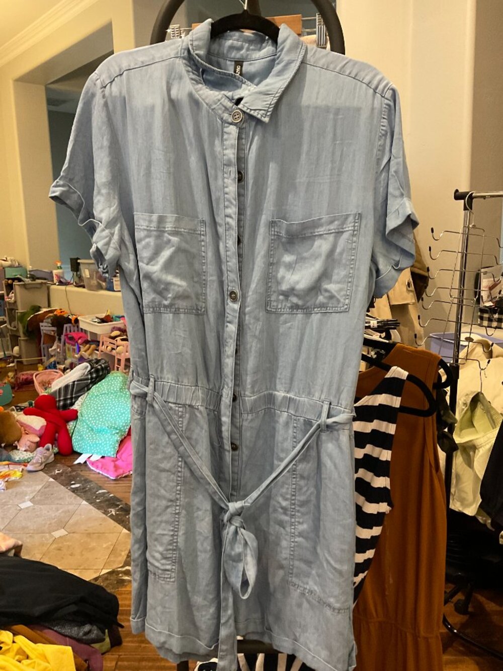Crazy Train Chambray Button-Front Shirt Dress w/ Tie Waist | 2XL
